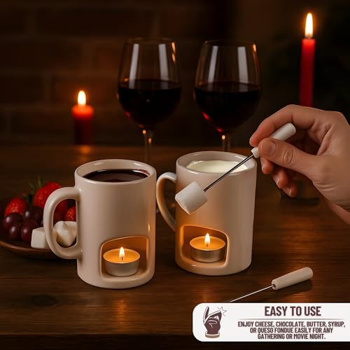 Evelots Fondue Pot Set for Chocolate, Cheese, Candy (2 Pack) Mini Ceramic Fondue Mugs Gift Set with 4 Forks & 8 Candles - Great for Date Night Birthday & Wedding Gifts - Image 4