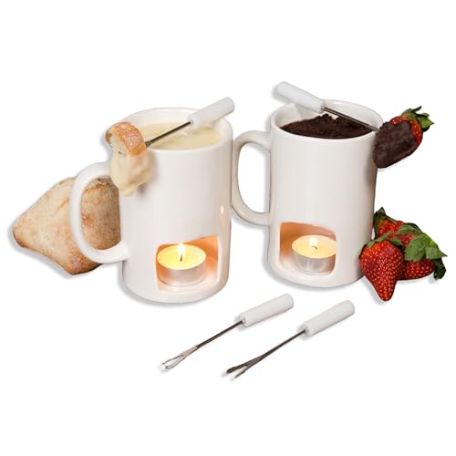 Evelots Fondue Pot Set for Chocolate, Cheese, Candy (2 Pack) Mini Ceramic Fondue Mugs Gift Set with 4 Forks & 8 Candles - Great for Date Night Birthday & Wedding Gifts - Image 1
