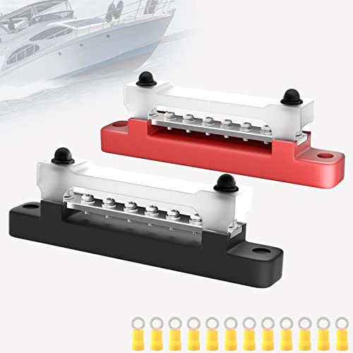 PSEQT 6 Terminal Bus Bar Ground Power Distribution Terminal Block Bus Bar with Cover for Auto Marine Car Pickup Trailer RV Boat - Red & Black 2Pcs - Image 1