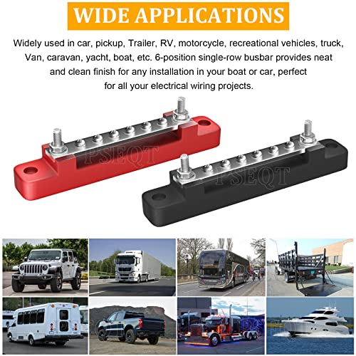 PSEQT 6 Terminal Bus Bar Ground Power Distribution Terminal Block Bus Bar with Cover for Auto Marine Car Pickup Trailer RV Boat - Red & Black 2Pcs - Image 2