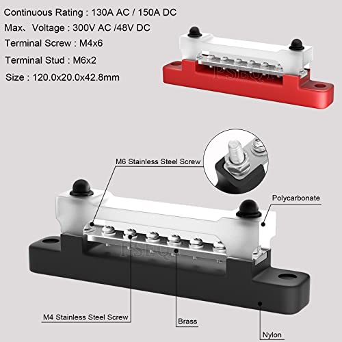 PSEQT 6 Terminal Bus Bar Ground Power Distribution Terminal Block Bus Bar with Cover for Auto Marine Car Pickup Trailer RV Boat - Red & Black 2Pcs - Image 3
