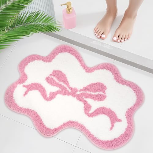 Prewplam Pink Rug - Cute Bow Bath Rug, Machine Washable Bathroom Mat, Decorative Pink Carpet for Girls Bedroom, Bathroom & Kids Room (2'3"×1'6") - Image 1