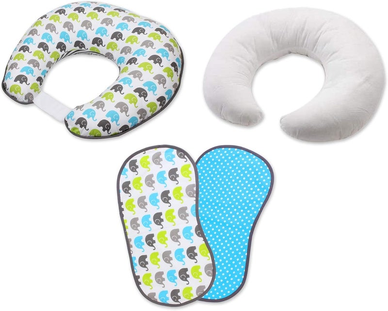 Bacati  Elephants 4 pc NursingFeeding Set Pillow Cover Polyfilled Insert Pillow and 2 Burp Made with UltraSoft 100 Cotton Fabric in a Fashionable TwoSided Design AquaLimeGrey - Image 1