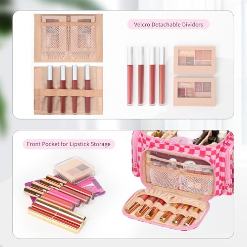 Bagmoly Large Checkered Makeup Bag, Travel Makeup Bag Organizer for Women Girls with Makeup Brush Compartment & Two Side Pockets, Cosmetic Travel Bag Vertical Storage Toiletry Bag- Hotpink - Image 4