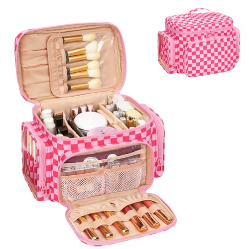 Bagmoly Large Checkered Makeup Bag, Travel Makeup Bag Organizer for Women Girls with Makeup Brush Compartment & Two Side Pockets, Cosmetic Travel Bag Vertical Storage Toiletry Bag- Hotpink - Image 1