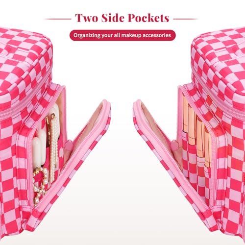 Bagmoly Large Checkered Makeup Bag, Travel Makeup Bag Organizer for Women Girls with Makeup Brush Compartment & Two Side Pockets, Cosmetic Travel Bag Vertical Storage Toiletry Bag- Hotpink - Image 5