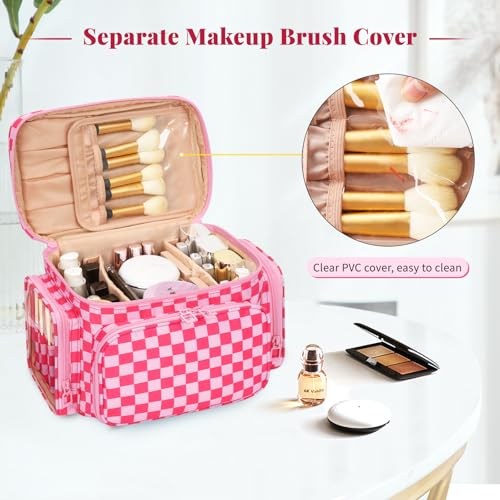 Bagmoly Large Checkered Makeup Bag, Travel Makeup Bag Organizer for Women Girls with Makeup Brush Compartment & Two Side Pockets, Cosmetic Travel Bag Vertical Storage Toiletry Bag- Hotpink - Image 3