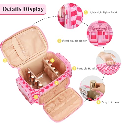 Bagmoly Large Checkered Makeup Bag, Travel Makeup Bag Organizer for Women Girls with Makeup Brush Compartment & Two Side Pockets, Cosmetic Travel Bag Vertical Storage Toiletry Bag- Hotpink - Image 2