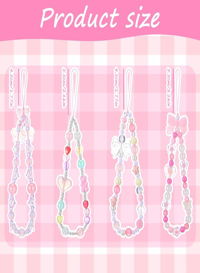 Styquenzer 4 قطع سلاسل هاتف مزينة برباط لؤلؤي على شكل فراشة وقوس وعقدة وقلب ونجمة سلاسل هاتف مزينة بأساور معصم لطيفة لؤلؤية للنساء - Image 2