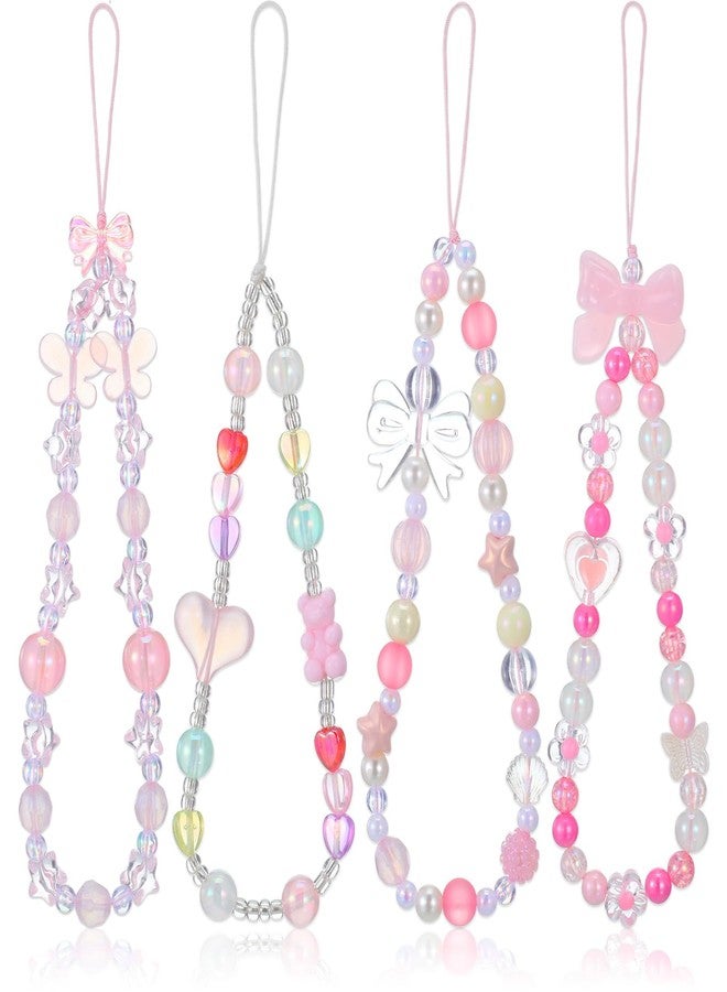 Styquenzer 4 قطع سلاسل هاتف مزينة برباط لؤلؤي على شكل فراشة وقوس وعقدة وقلب ونجمة سلاسل هاتف مزينة بأساور معصم لطيفة لؤلؤية للنساء - Image 1