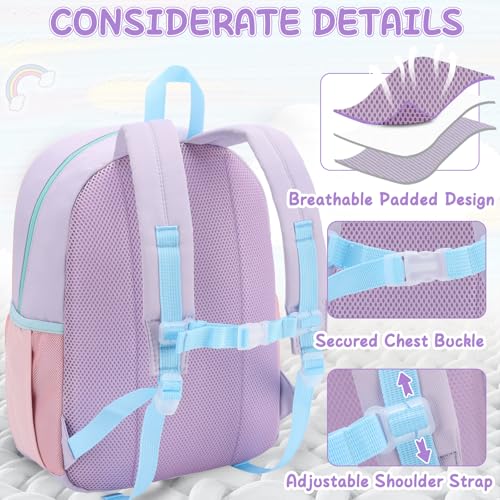 VASCHY Toddler Girls Backpack, Kids' Small Lightweight Quilted Color-blocked Bookbag School Backpack for Kindergarten Children Light Purple Pink - Image 5