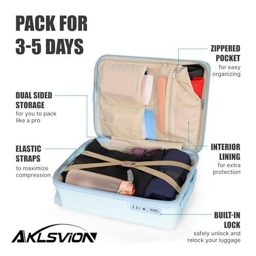 Aklsvion حقائب سفر محمولة بحجم 18 بوصة من أكلسفيون: مزودة بعجلات متحركة، معتمدة من TSA، تحت المقعد، هيكل صلب، حقيبة خفيفة الوزن مع ملحقات أساسية (أزرق فاتح) - Image 4