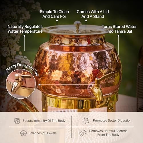 P-TAL Copper Water Dispenser 2.65 Gallons | 100% Pure Copper Pot Heavy Gauge and Hammered with Prefitted Leakproof Brass Spigot, Lid and Stand - Image 3