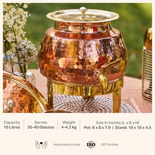 P-TAL Copper Water Dispenser 2.65 Gallons | 100% Pure Copper Pot Heavy Gauge and Hammered with Prefitted Leakproof Brass Spigot, Lid and Stand - Image 2