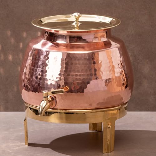 P-TAL Copper Water Dispenser 2.65 Gallons | 100% Pure Copper Pot Heavy Gauge and Hammered with Prefitted Leakproof Brass Spigot, Lid and Stand - Image 1