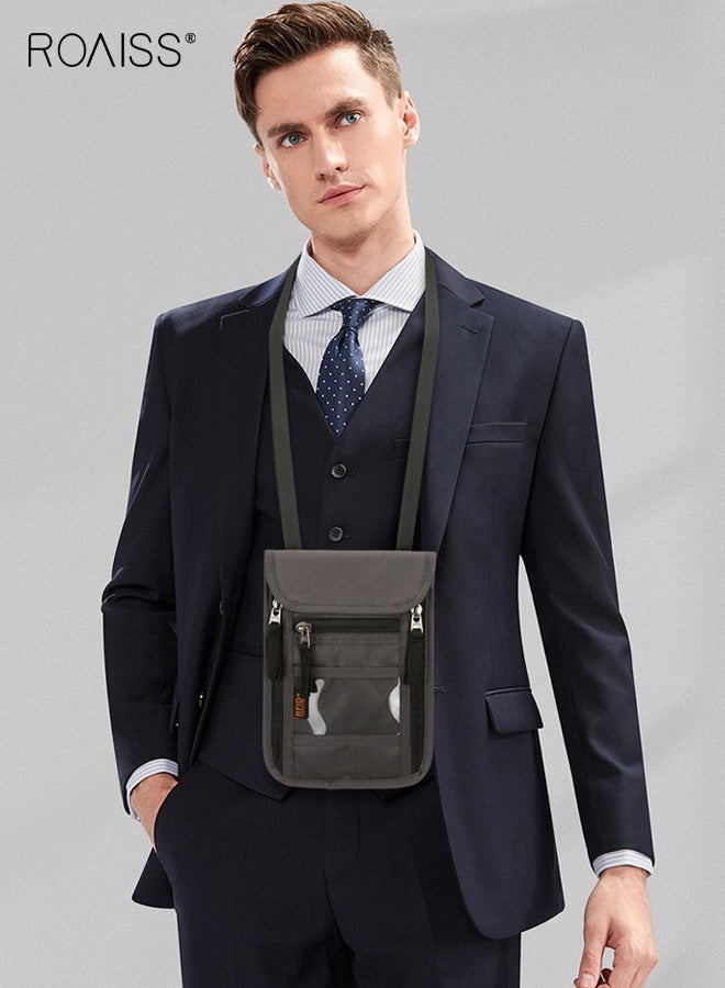 roaiss Unisex Passport Holder with Zipper , Travel-Ready Anti-Theft & Scratch-Resistant Passport Case, Multifunctional RFID Neck Pouch in Oxford Cloth, Minimalist Crossbody Bag, Portable Storage, Light Grey - Image 2