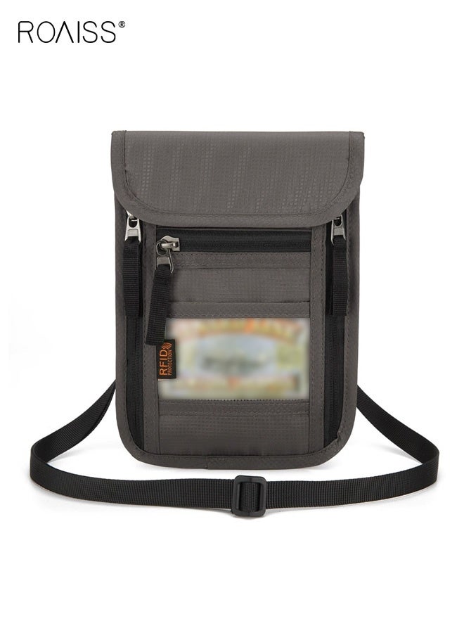 roaiss Unisex Passport Holder with Zipper , Travel-Ready Anti-Theft & Scratch-Resistant Passport Case, Multifunctional RFID Neck Pouch in Oxford Cloth, Minimalist Crossbody Bag, Portable Storage, Light Grey - Image 1