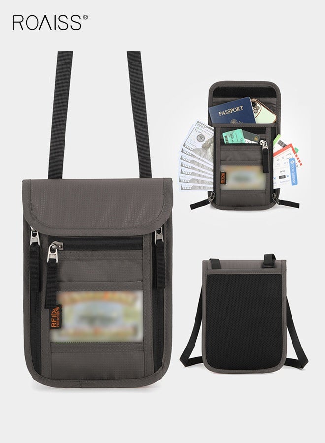 roaiss Unisex Passport Holder with Zipper , Travel-Ready Anti-Theft & Scratch-Resistant Passport Case, Multifunctional RFID Neck Pouch in Oxford Cloth, Minimalist Crossbody Bag, Portable Storage, Light Grey - Image 3