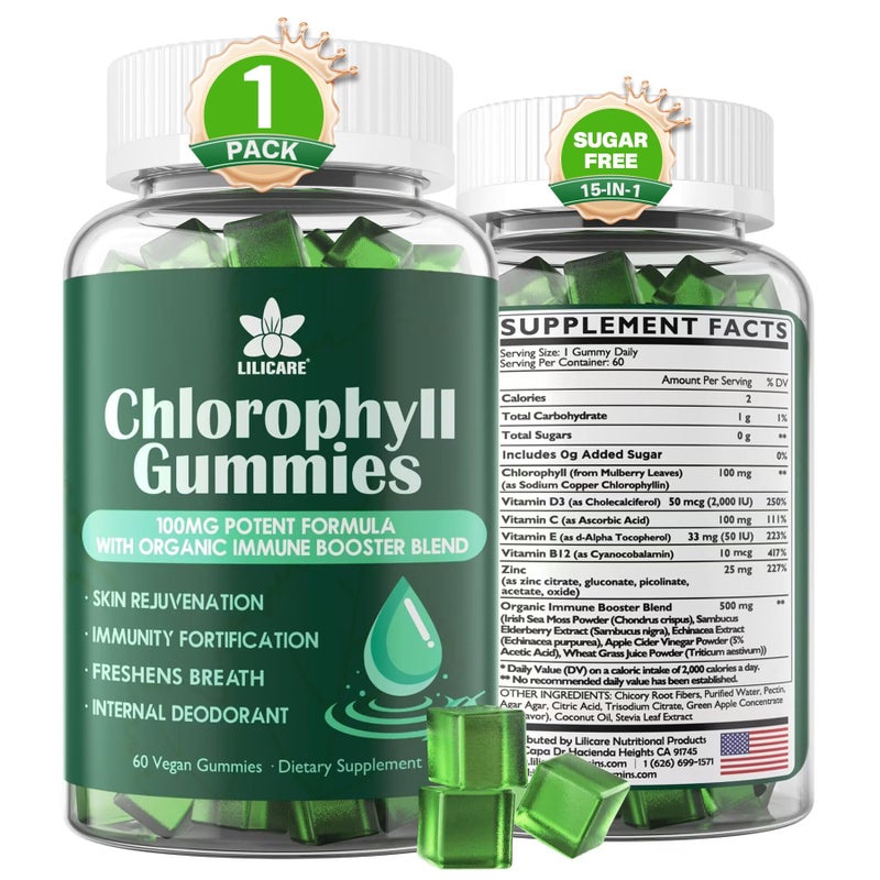 EnvyDeal Chlorophyll Gummies Super Green with Wheat Grass Sea Moss Unfiltered ACV Elderberry Echinacea Zinc Complex Vitamin D3 C E B12 for Natural Deodorant Immune Digestion Support 60 Chews