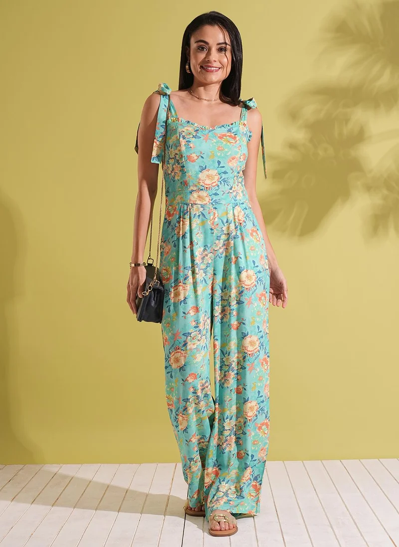 Globus Women Frill Detail Sweetheart Neck Tie-Up Strappy Shoulder Floral Print Fusion Jumpsuit