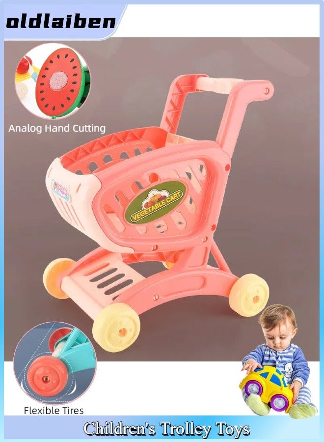 oldlaiben Kids Shopping Cart Trolley Play Set Toy, Children's Simulation Supermarket Shopping Cart, Role Play Set for Kids, Cart Toys with Pretend Food and Accessories（Pink） - Image 1