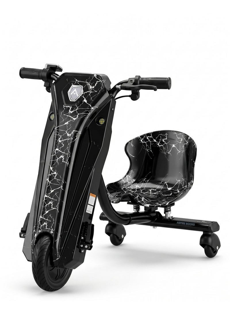 Aspire Books Electric Drift Scooter for Kids - Black & White | 36V 250W 3-Wheel Drifting Scooter Go-Kart with 360° Spin, LED Lights & Adjustable Frame (Ages 3-8) - Image 1