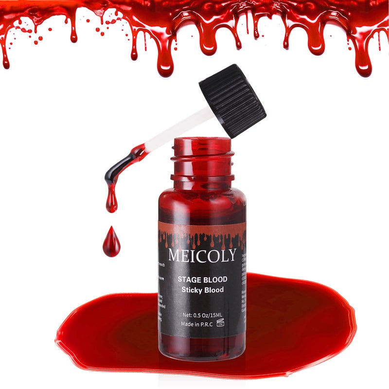 MEICOLY Fake Blood Washable,Edible Stage Blood,0.5 oz Realistic Drips Sticky Fake Blood with Brush,Safe for Mouth,Teeth,Nosebleed,Halloween,Cosplay,Scar,Wound BitesSFX Makeup,Special Effects,Bright - Image 1