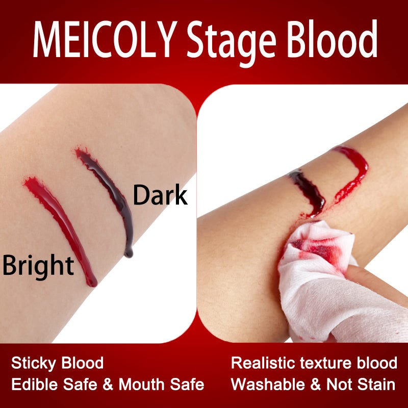 MEICOLY Fake Blood Washable,Edible Stage Blood,0.5 oz Realistic Drips Sticky Fake Blood with Brush,Safe for Mouth,Teeth,Nosebleed,Halloween,Cosplay,Scar,Wound BitesSFX Makeup,Special Effects,Bright - Image 3