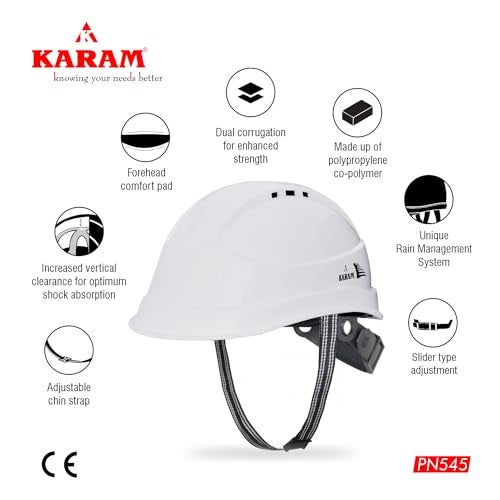 KARAM PN545 Safety Helmet for Men Industrial & Construction Helmet | Slider Type Adjustment with Adjustable Chin Strap | Ventilation & Side Slot for Attachment | EN Certified Hard Hat | Super White - Image 3