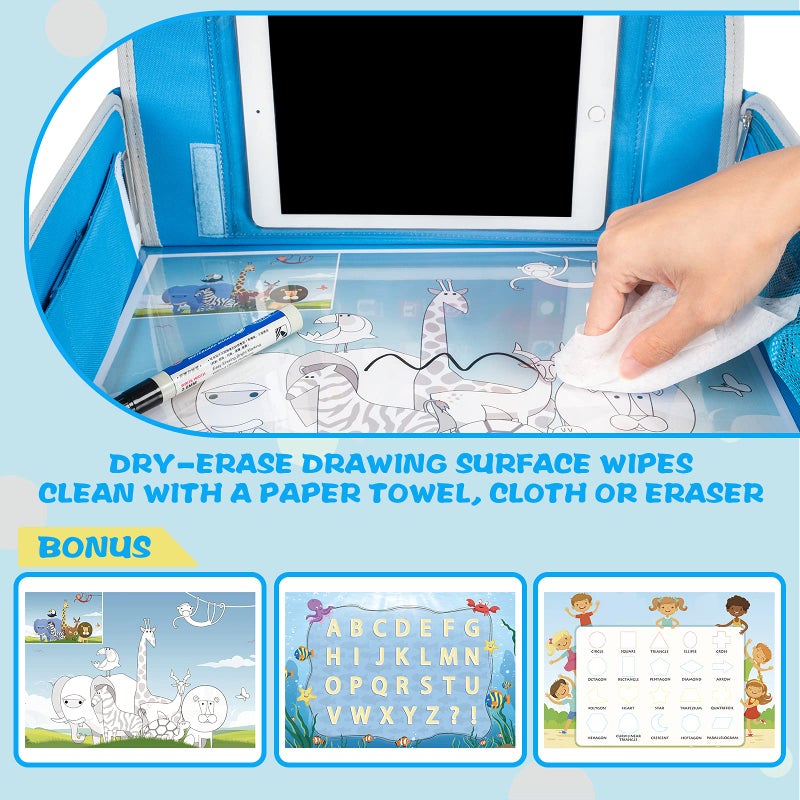 MENZOKE Kids Travel Tray, Car Seat Tray for Kids Travel, Toddler Essentials Girls with Tablet Holder, Road Trip Essentials with Cooler Cup Holder, Dry Erase Board & Storage Pocket for Airplane, Blue - Image 5