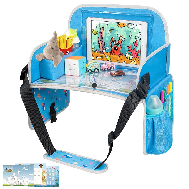 MENZOKE Kids Travel Tray, Car Seat Tray for Kids Travel, Toddler Essentials Girls with Tablet Holder, Road Trip Essentials with Cooler Cup Holder, Dry Erase Board & Storage Pocket for Airplane, Blue - Image 1