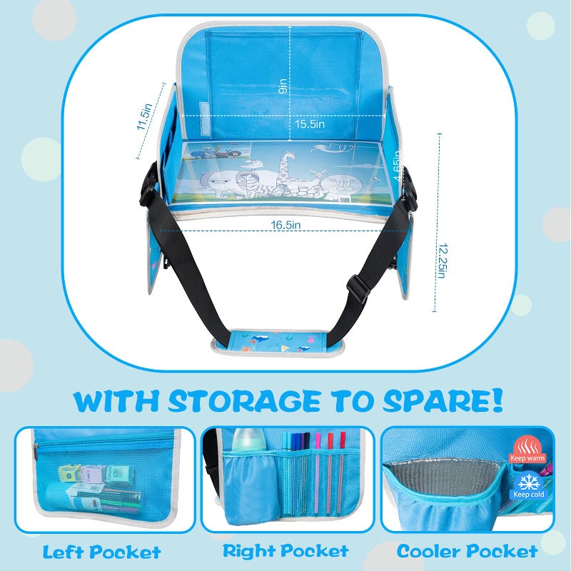 MENZOKE Kids Travel Tray, Car Seat Tray for Kids Travel, Toddler Essentials Girls with Tablet Holder, Road Trip Essentials with Cooler Cup Holder, Dry Erase Board & Storage Pocket for Airplane, Blue - Image 4