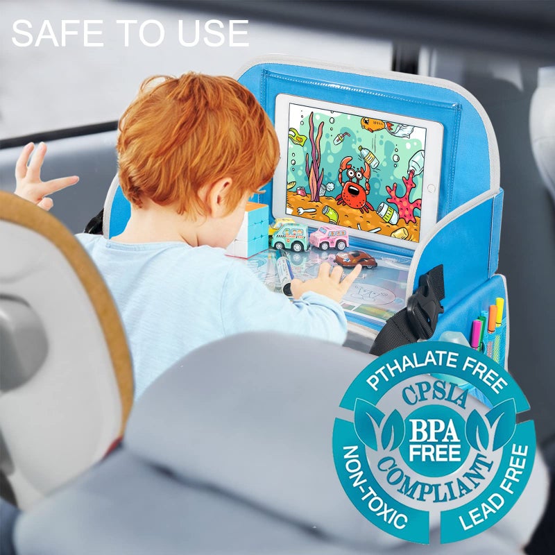 MENZOKE Kids Travel Tray, Car Seat Tray for Kids Travel, Toddler Essentials Girls with Tablet Holder, Road Trip Essentials with Cooler Cup Holder, Dry Erase Board & Storage Pocket for Airplane, Blue - Image 2