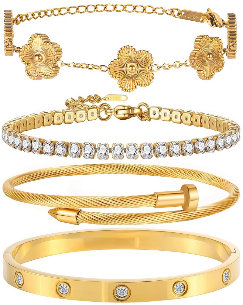 GIVCHO 18K Gold Plated Nail Love Bangle Bracelet Set for Women Stackable Floral Clover Adjustable Tennis Bracelet Non Tarnish Gift Jewelry for Christmas Valentines Birthday Mother's Day (Gold) - Image 1