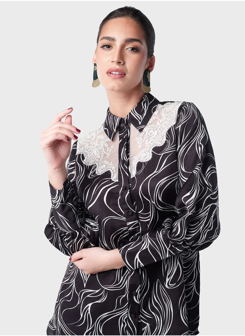 Threadz by Ajooni Lace Insert Printed Shirt And Pant Set