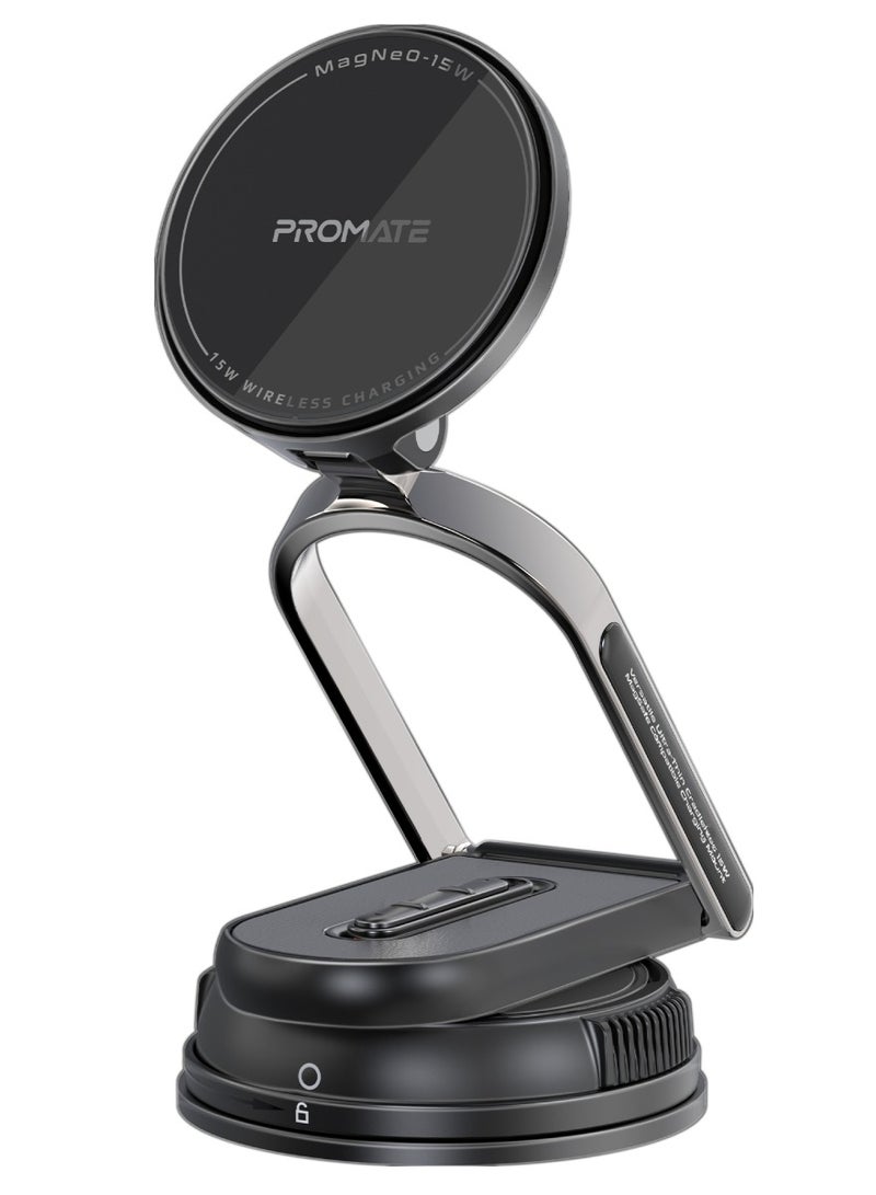 PROMATE 15W MagSafe-Compatible Wireless Car Charger with Dual Mounting Options, FOD Detection, Locking Mechanism, Quick Alignment, Adjustable Arm, 360° Rotatable Base for  iPhone 17/17 Pro Max, Samsung S26 Ultra & Smartphones, MagNeo-15W black Black - Image 1