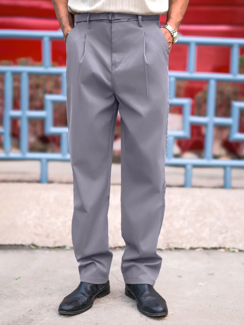 Maniac  Maniac Mens Solid Light Grey Belted Cotton Blend Trouser for Men | Best Price UAE