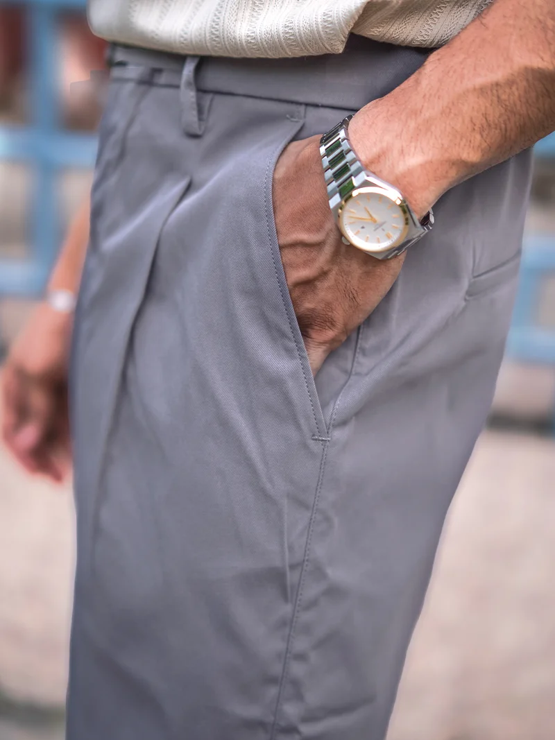 Maniac  Maniac Mens Solid Light Grey Belted Cotton Blend Trouser for Men | Best Price UAE