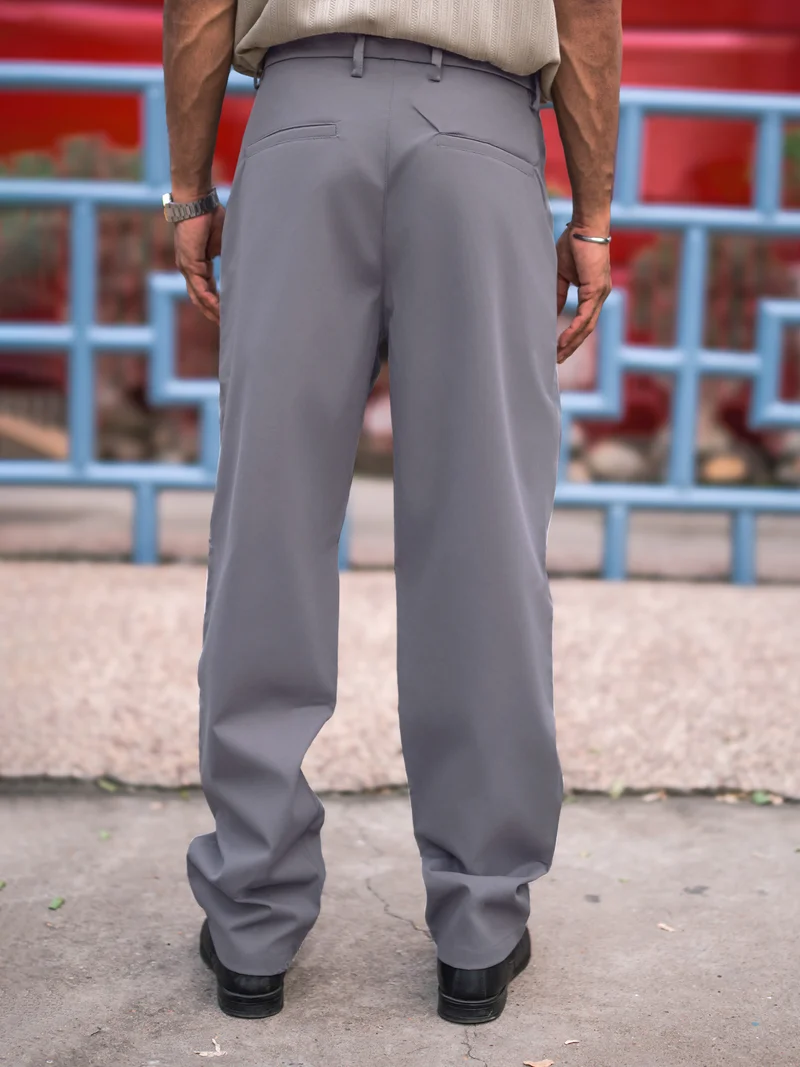 Maniac  Maniac Mens Solid Light Grey Belted Cotton Blend Trouser for Men | Best Price UAE