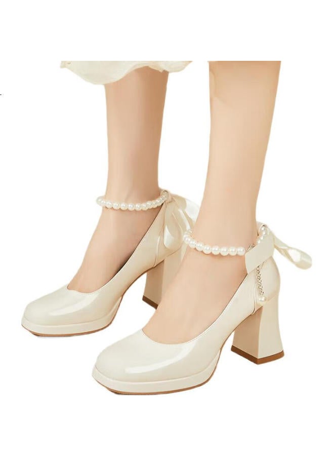 Daphne French Chunky Heel Single Shoes Women'S Bridesmaid Mary Jane Shoes Elegant High Heels Evening Shoes 4623404078 Beige Size 37 - Image 3