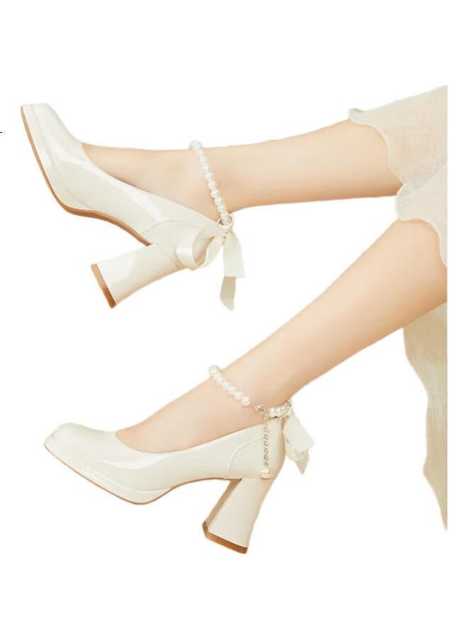 Daphne French Chunky Heel Single Shoes Women'S Bridesmaid Mary Jane Shoes Elegant High Heels Evening Shoes 4623404078 Beige Size 37 - Image 2
