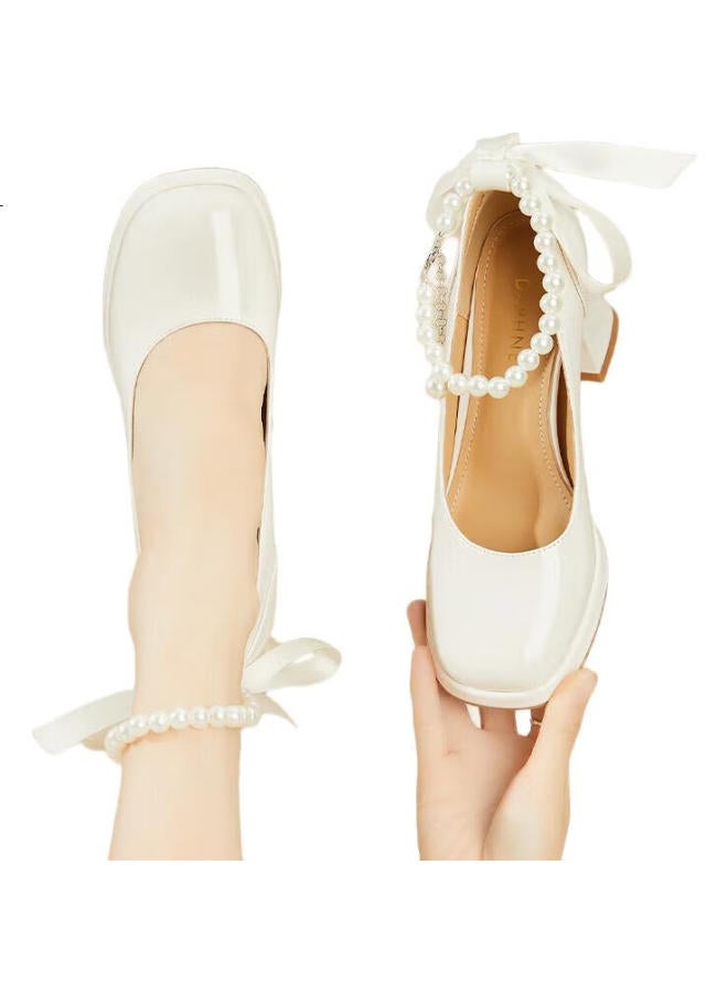 Daphne French Chunky Heel Single Shoes Women'S Bridesmaid Mary Jane Shoes Elegant High Heels Evening Shoes 4623404078 Beige Size 37 - Image 1