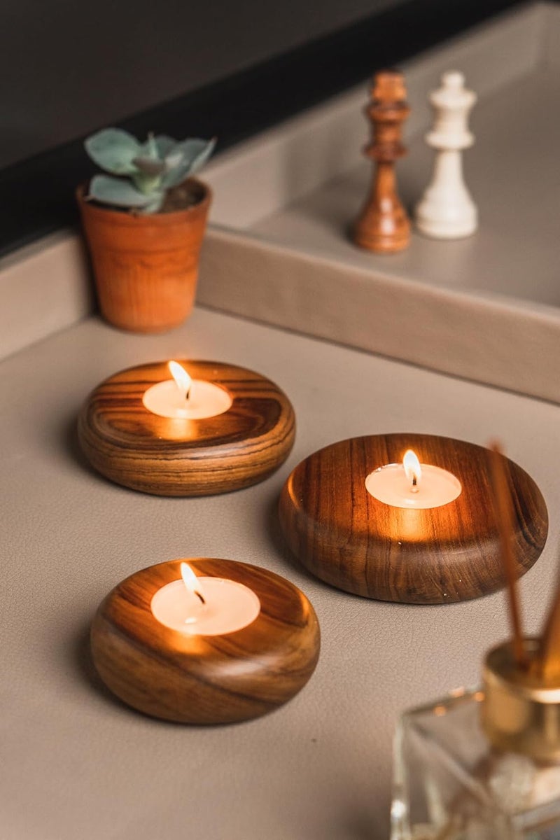 old trunk Old Trunk Round Tealight Candle StandSet of 3 for Home Decor Natural Brown Teak Wood 