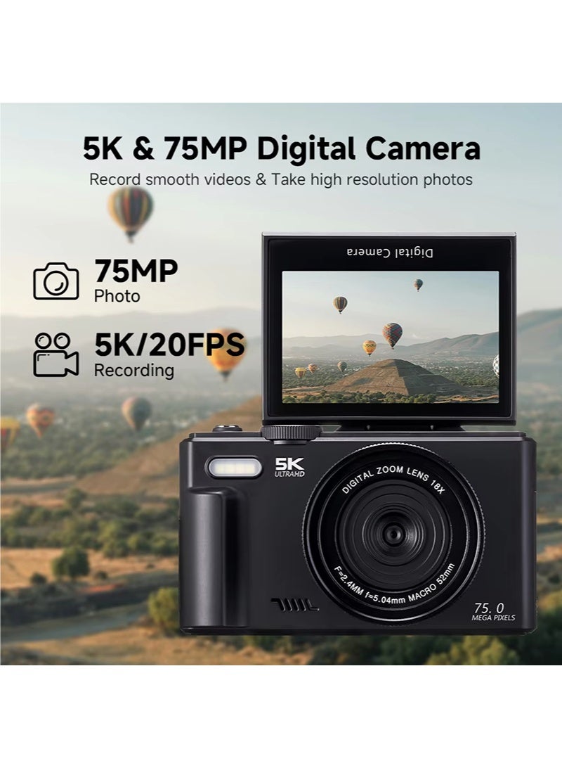 والالا كاميرا رقمية 5K مع وظيفة WiFi كاميرات 75 ميجابكسل للتصوير كاميرا UHD Vlogging لليوتيوب مع شاشة 3 بوصة 180 درجة قابلة للطي - كاميرا فيديو مدمجة بضبط تلقائي للصورة مع تقريب 18X بطاقة SD 32 جيجابايت - Image 2