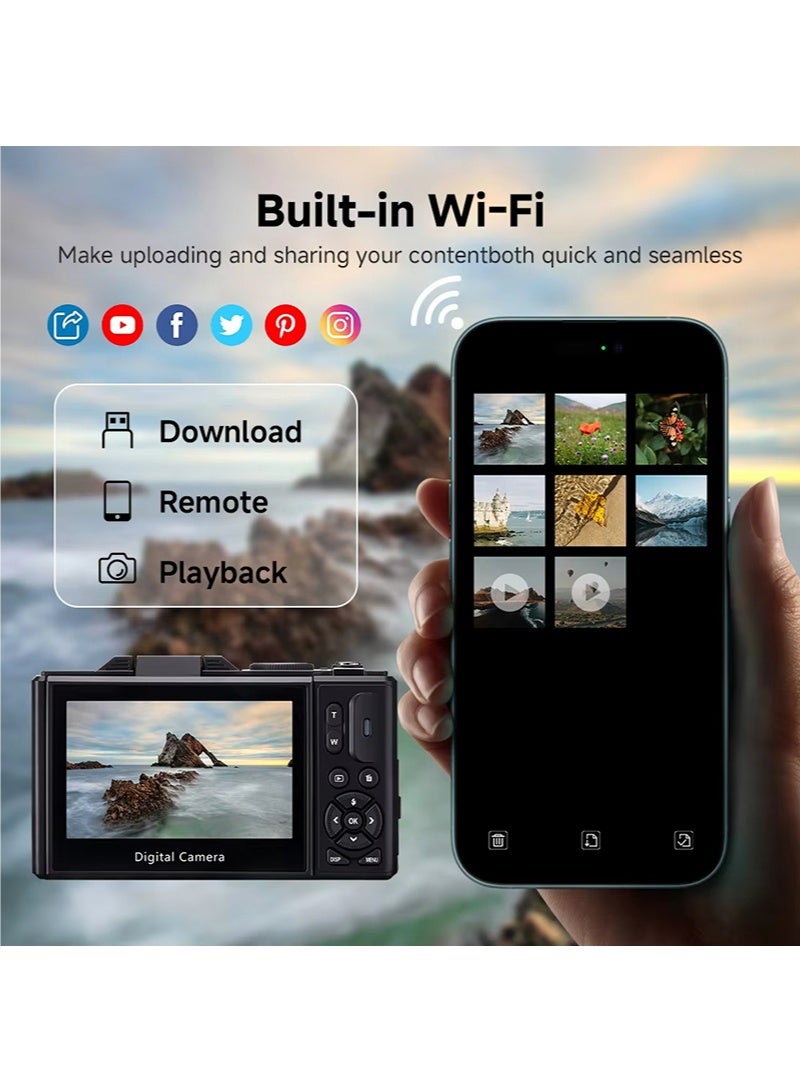 والالا كاميرا رقمية 5K مع وظيفة WiFi كاميرات 75 ميجابكسل للتصوير كاميرا UHD Vlogging لليوتيوب مع شاشة 3 بوصة 180 درجة قابلة للطي - كاميرا فيديو مدمجة بضبط تلقائي للصورة مع تقريب 18X بطاقة SD 32 جيجابايت - Image 3