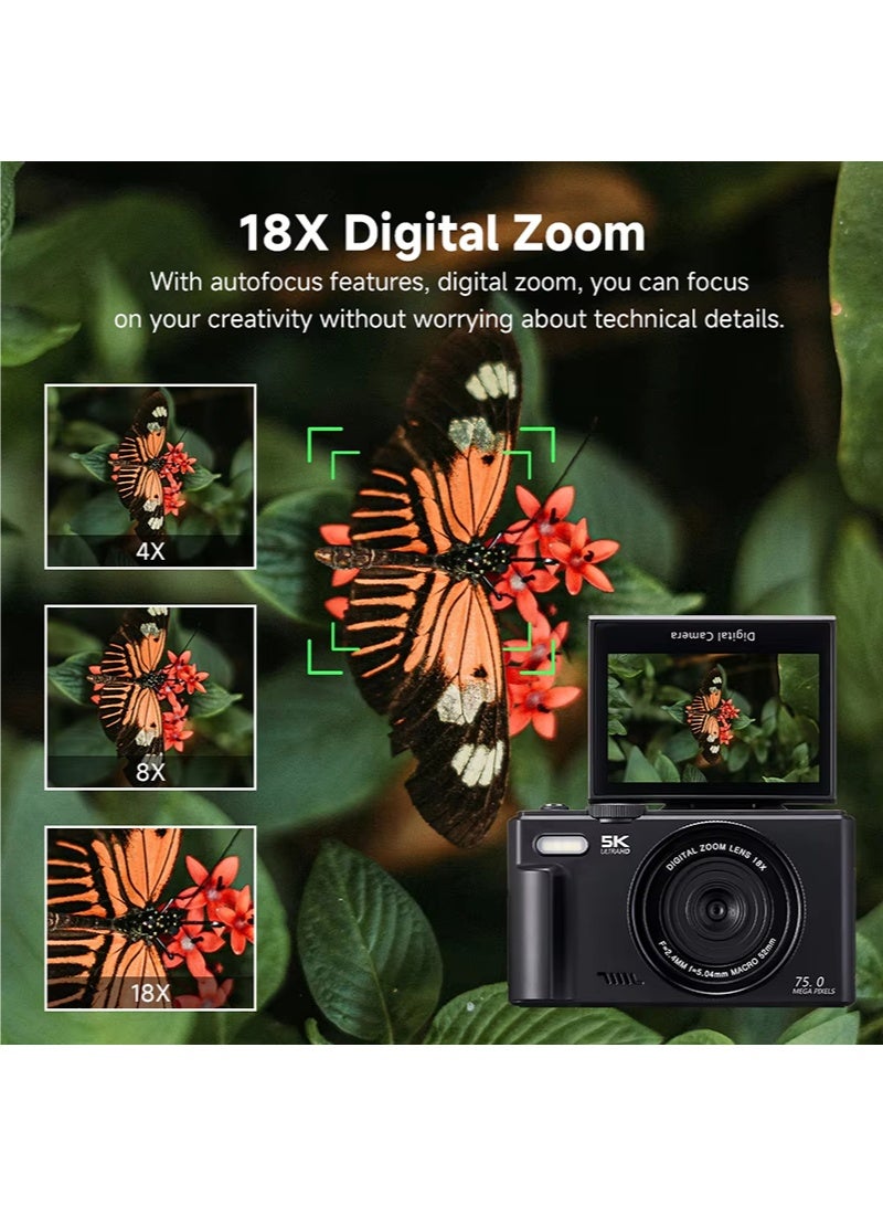 والالا كاميرا رقمية 5K مع وظيفة WiFi كاميرات 75 ميجابكسل للتصوير كاميرا UHD Vlogging لليوتيوب مع شاشة 3 بوصة 180 درجة قابلة للطي - كاميرا فيديو مدمجة بضبط تلقائي للصورة مع تقريب 18X بطاقة SD 32 جيجابايت - Image 4