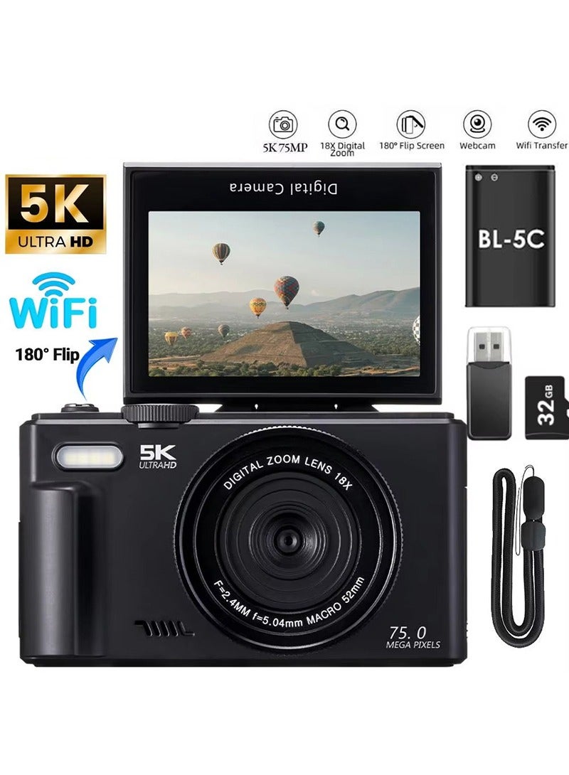 والالا كاميرا رقمية 5K مع وظيفة WiFi كاميرات 75 ميجابكسل للتصوير كاميرا UHD Vlogging لليوتيوب مع شاشة 3 بوصة 180 درجة قابلة للطي - كاميرا فيديو مدمجة بضبط تلقائي للصورة مع تقريب 18X بطاقة SD 32 جيجابايت - Image 1