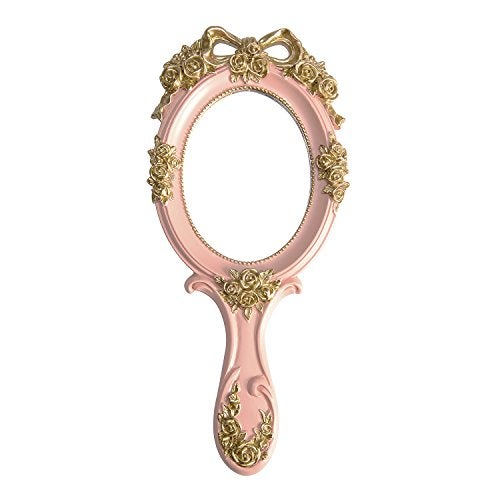 Nerien Handheld Mirror Vanity Makeup Mirror Travel Princess Metal Cosmetic Mirror Portable Oval Embossed Rose Mirrors Decorative Desk Girl Student Vintage Beautiful Handle Mirrors Pink-3 - Image 1