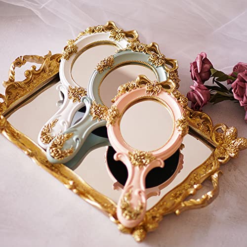 Nerien Handheld Mirror Vanity Makeup Mirror Travel Princess Metal Cosmetic Mirror Portable Oval Embossed Rose Mirrors Decorative Desk Girl Student Vintage Beautiful Handle Mirrors Pink-3 - Image 5
