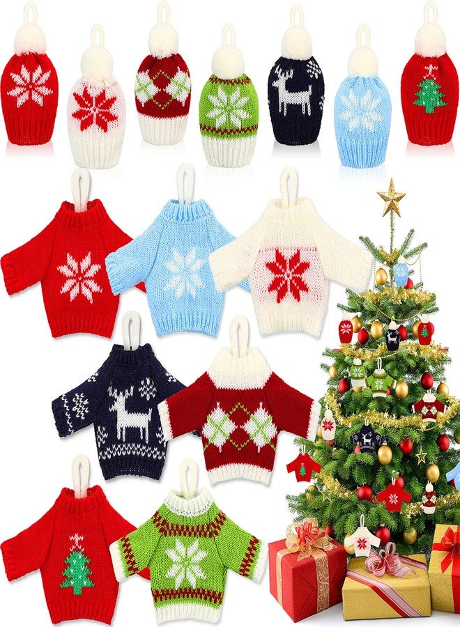 Harrycle 14 Pieces Ugly Sweater Ornaments for Christmas Tree Ugly Sweater Knitting Crochet Christmas Ornaments Party Decoration Snowflake Reindeer Mini Hats Knit Hanging Sign for DIY Holiday Xmas - Image 1